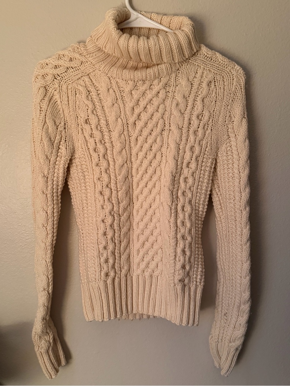 J.Crew 100% Wool Cable Knit Turtleneck Sweater Cream Fisherman Preppy S